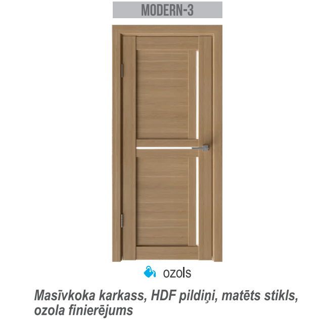 Modern 3 60x200 cm (ar kārbu 66x203.5) stiklotas ar gaišu matētu stiklu, finierētas (ozols)